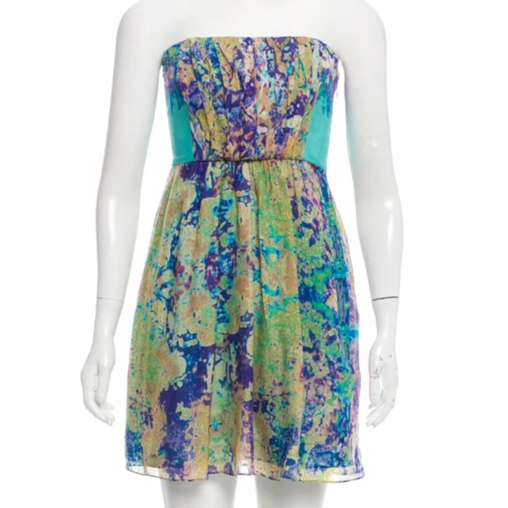Tibi strapless silk dress floral watercolor 4 blue